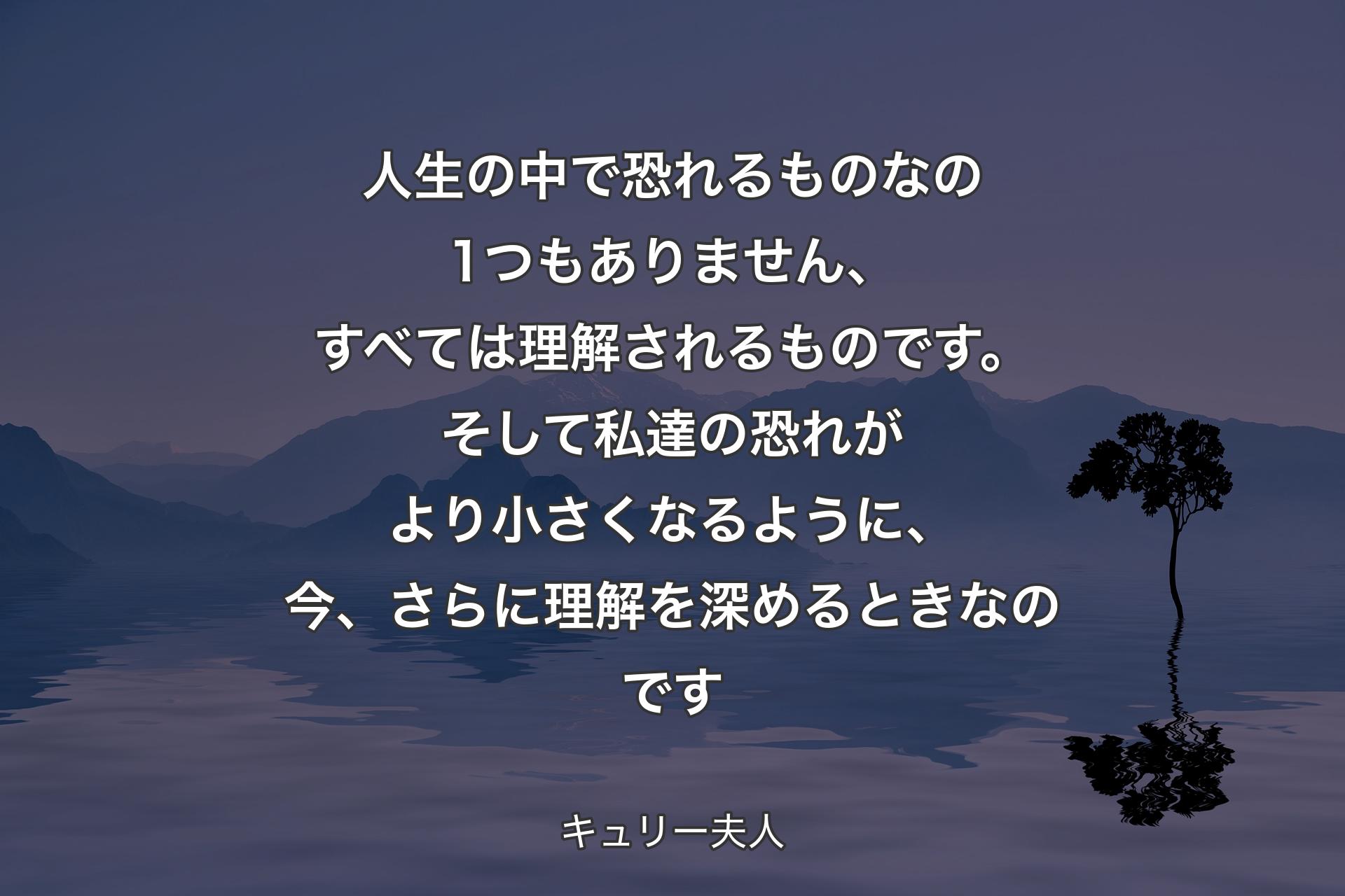 人生の中で恐れるものなの1つもありません、すべては理解されるものです。そして私達の恐れがより小さくなるように、今、さらに理解を深めるときなのです - キュリー夫人