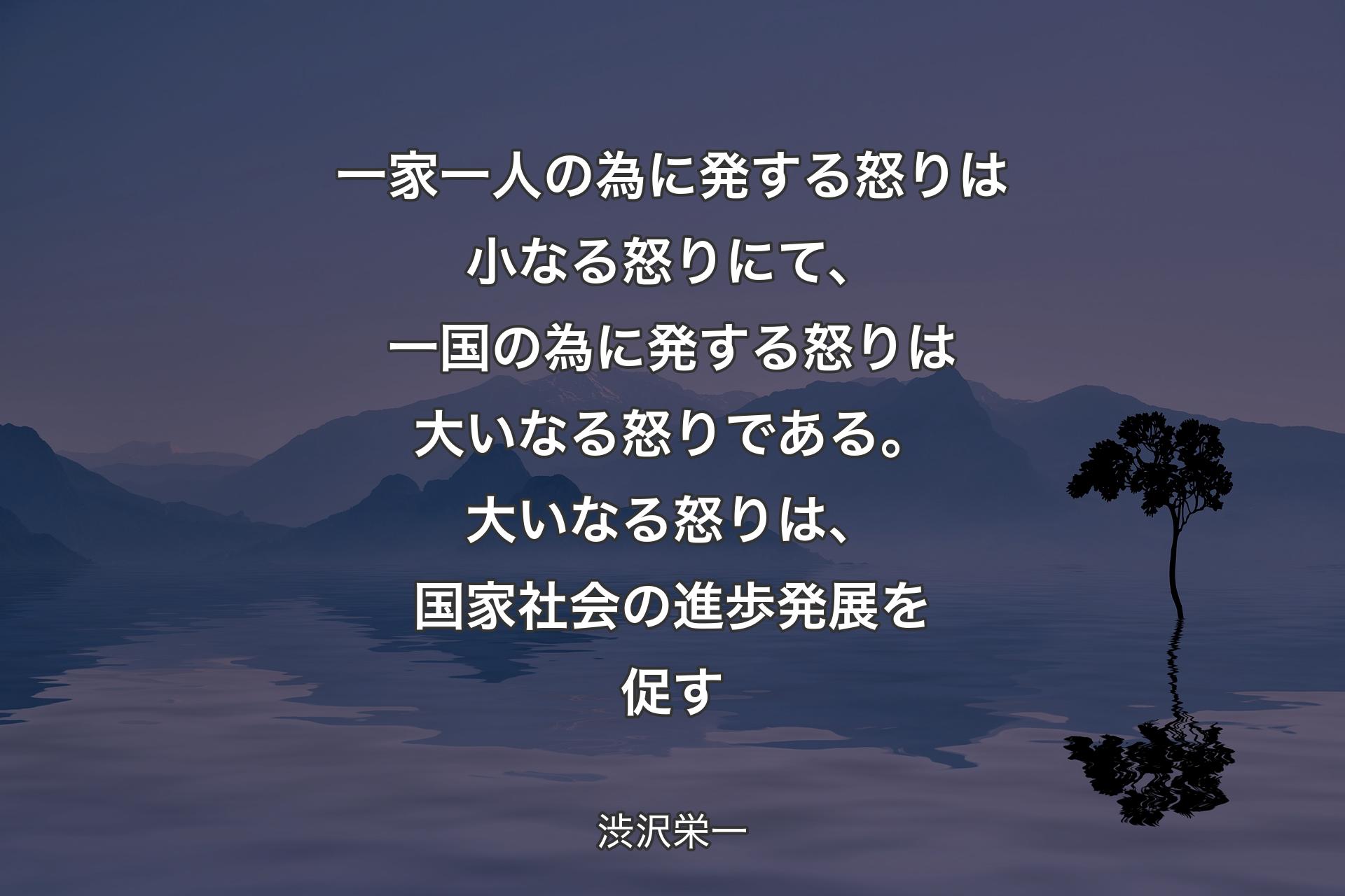 一家一人の為に発する怒りは小なる怒りにて、一国の為に発する怒りは大いなる怒りである。大いなる怒りは、国家社会の進歩発展を促す - 渋沢栄一