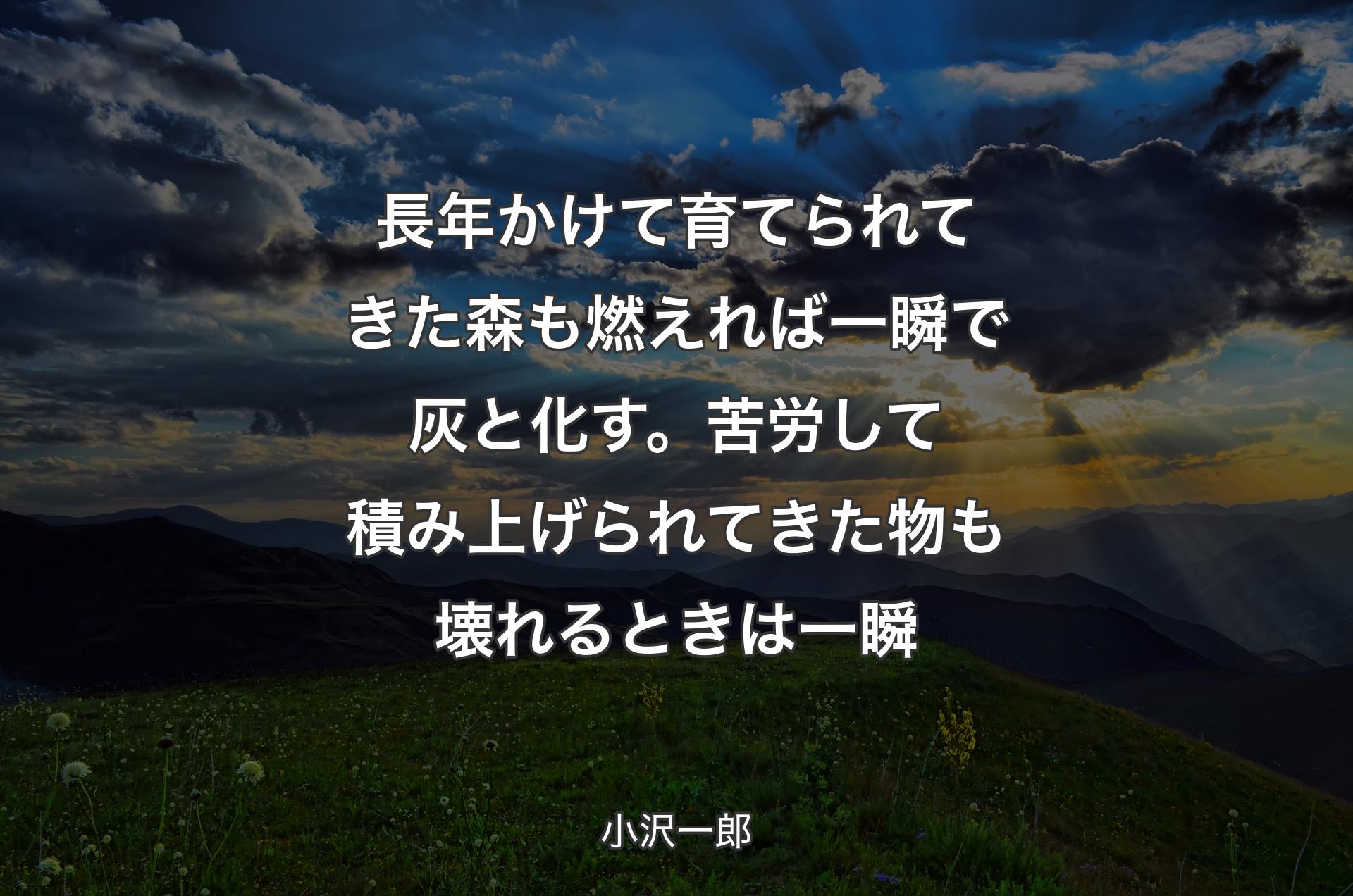 長年かけて育てられてきた森も燃えれば一瞬で灰と化す。苦労して積み上げられてきた物も壊れるときは一瞬 - 小沢一郎