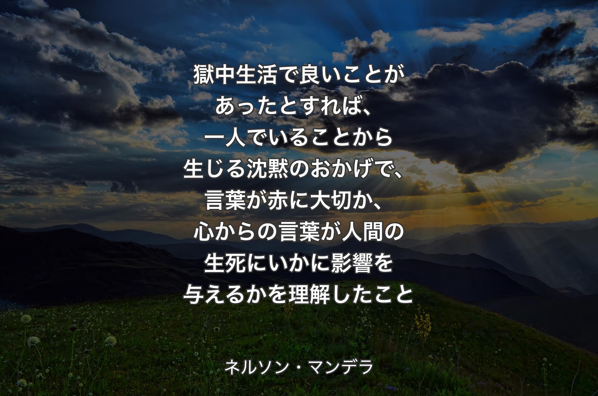 獄中生活で良いことがあったとすれば、一人でいることから生じる沈黙のおかげで、言葉が赤に大切か、心からの言葉が人間の生死にいかに影響を与えるかを理解したこと - ネルソン・マンデラ