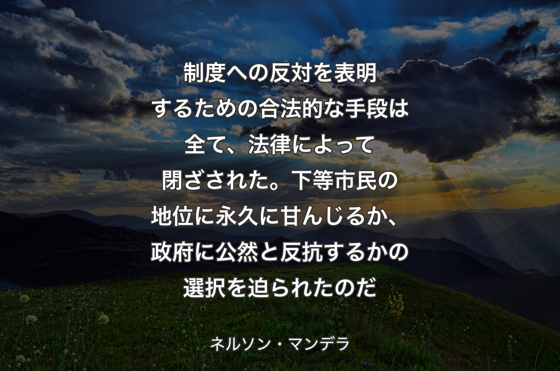 制度への反対を表明するための合法的な手段は全て、法律によって閉ざされた。下等市民の地位に永久に甘んじるか、政府に公然と反抗するかの選択を迫られたのだ - ネルソン・マンデラ