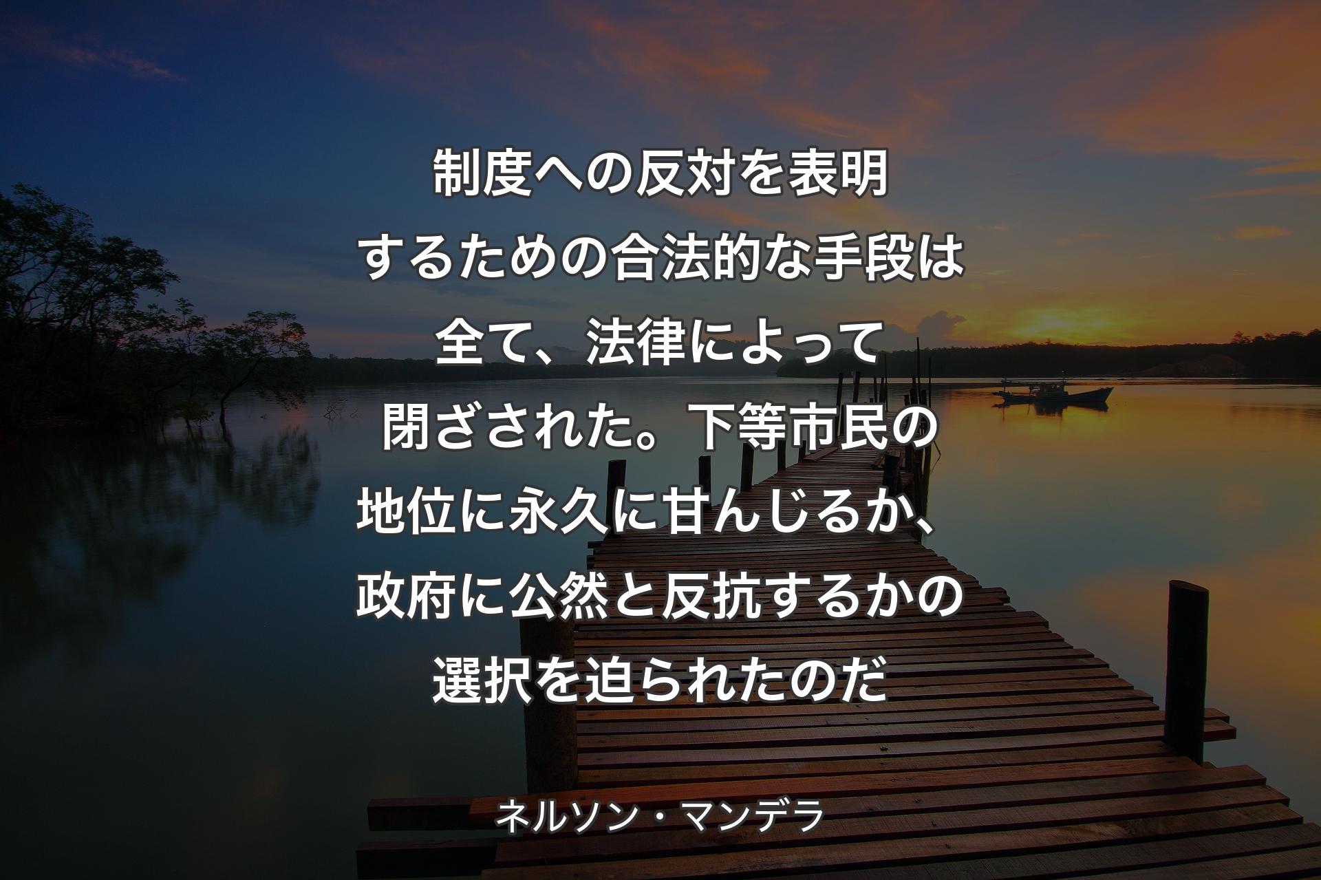 【背景3】制度への反対を表明するための合法的な手段は全て、法律によって閉ざされた。下等市民の地位に永久に甘んじるか、政府に公然と反抗するかの選択を迫られたのだ - ネルソン・マンデラ