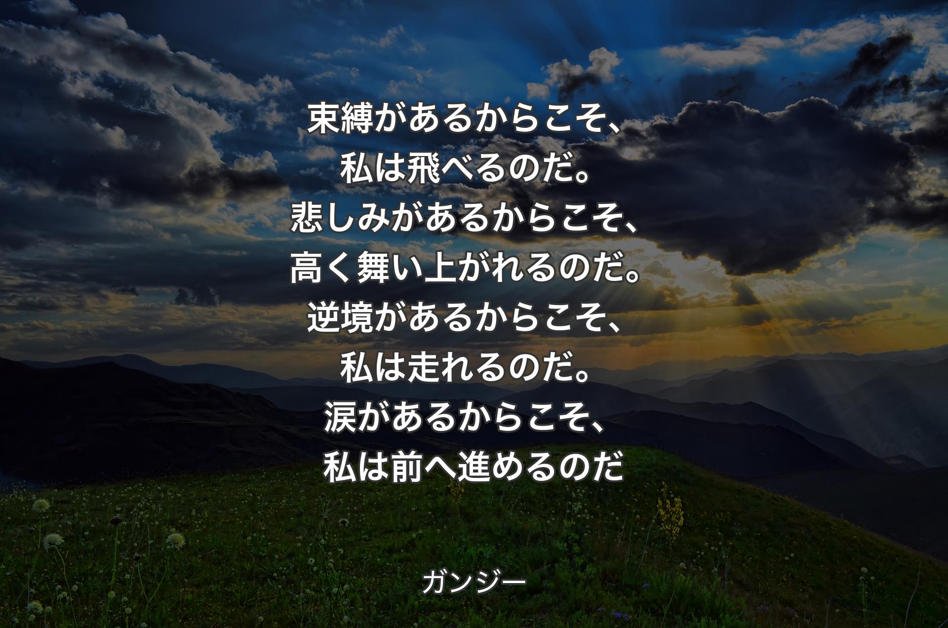 束縛があるからこそ、私は飛べるのだ。悲しみがあるからこそ、高く舞い上がれるのだ。逆境があるからこそ、私は走れるのだ。涙があるからこそ、私は前へ進めるのだ - ガンジー