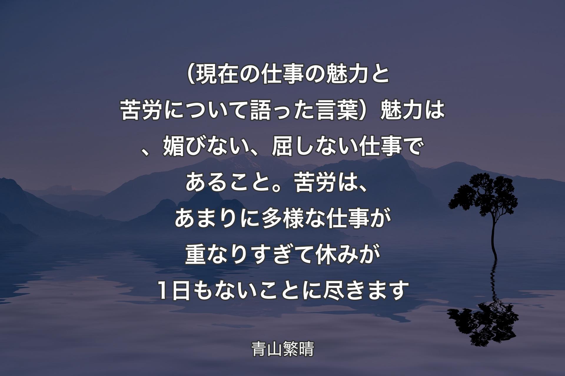 【背景4】（現在の仕事の魅力と苦労について語った言葉）魅力は、媚びない、屈しない仕事であること。苦労は、あまりに多様な仕事が重なりすぎて休みが1日もないことに尽きます - 青山繁晴