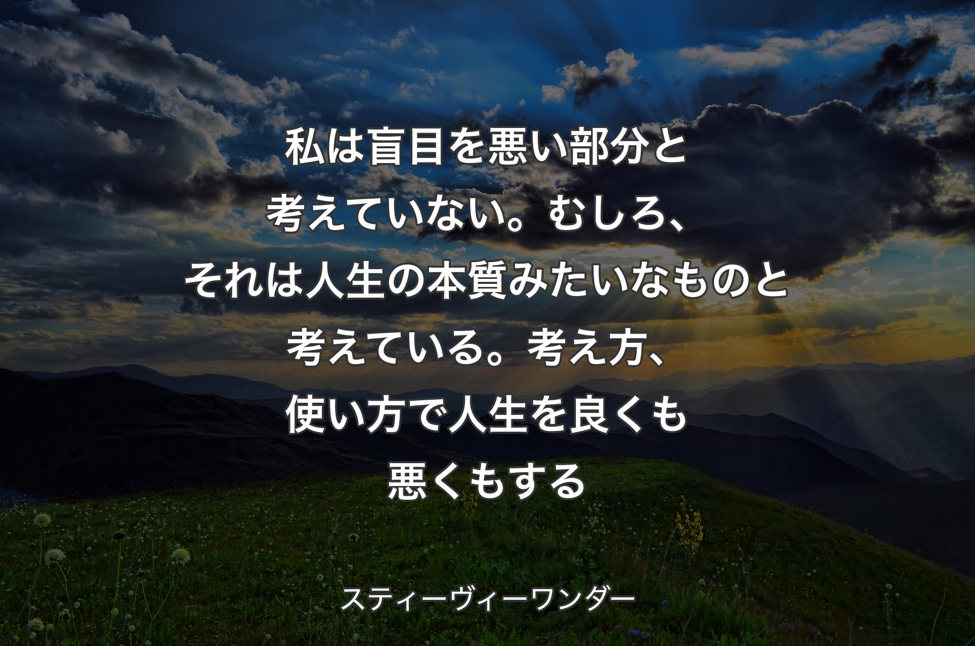 私は盲目を悪い部分と考えていない。むしろ、それは人生の本質みたいなものと考えている。考え方、使い方で人生を良くも悪くもする - スティーヴィーワンダー