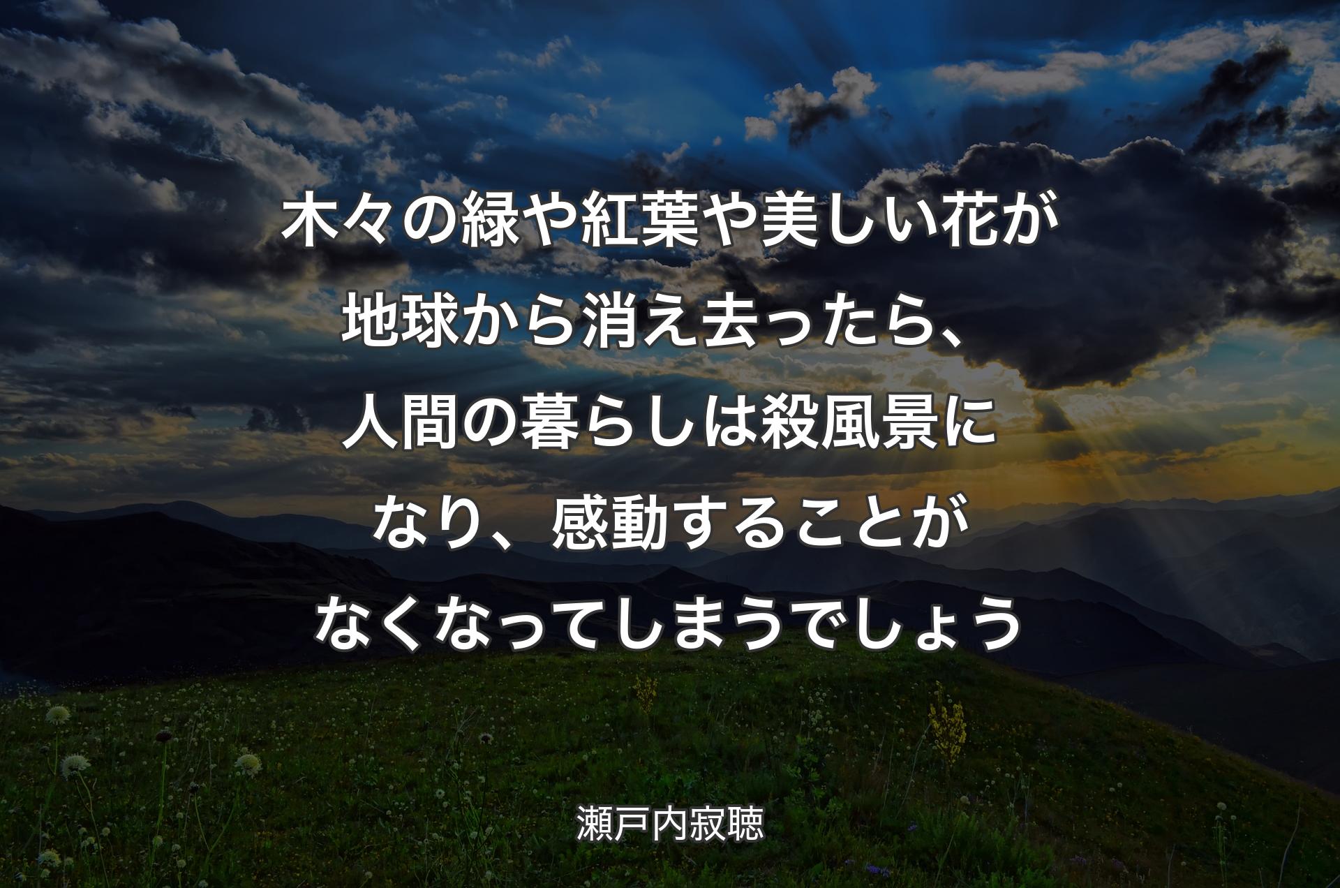 木々の緑や紅葉や美しい花が地球から消え去ったら、人間の暮らしは殺風景になり、感動することがなくなってしまうでしょう - 瀬戸内寂聴