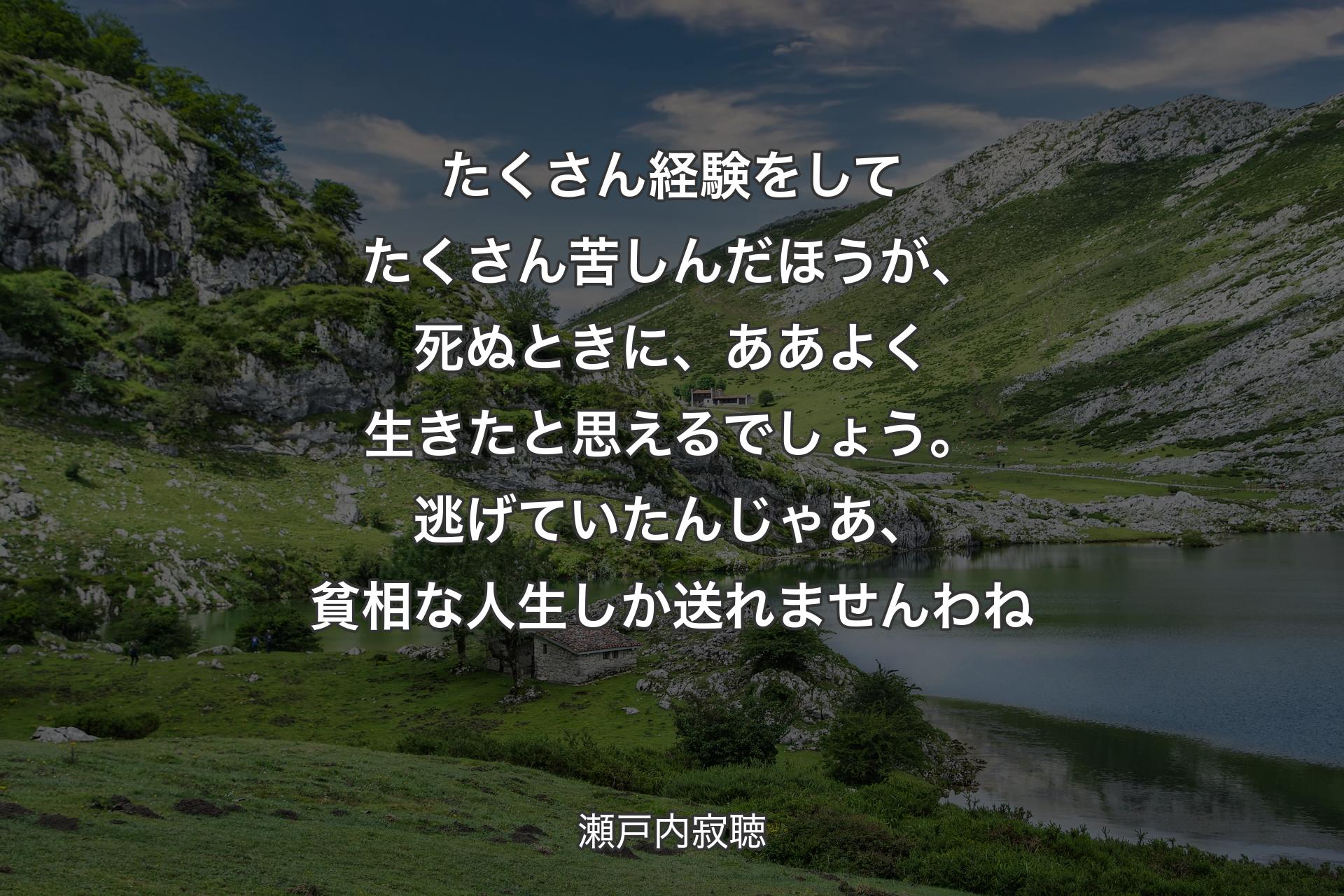 【背景1】たくさん経験をしてたくさん苦しんだほうが、死ぬときに、ああよく生きたと思えるでしょう。逃げていたんじゃあ、貧相な人生しか送れませんわね - 瀬戸内寂聴