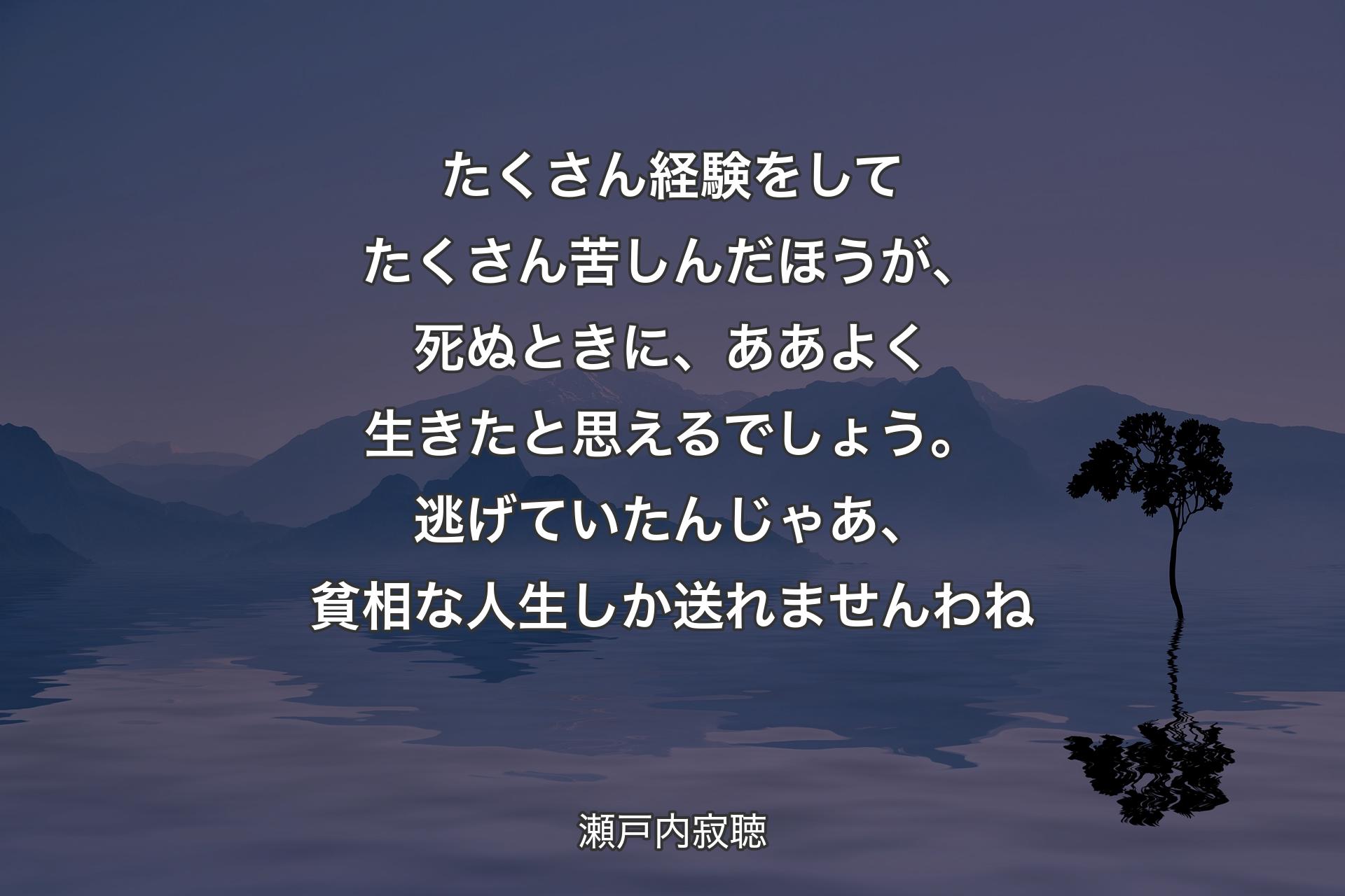 【背景4】たくさん経験をしてたくさん苦しんだほうが、死ぬときに、ああよく生きたと思えるでしょう。逃げていたんじゃあ、貧相な人生しか送れませんわね - 瀬戸内寂聴