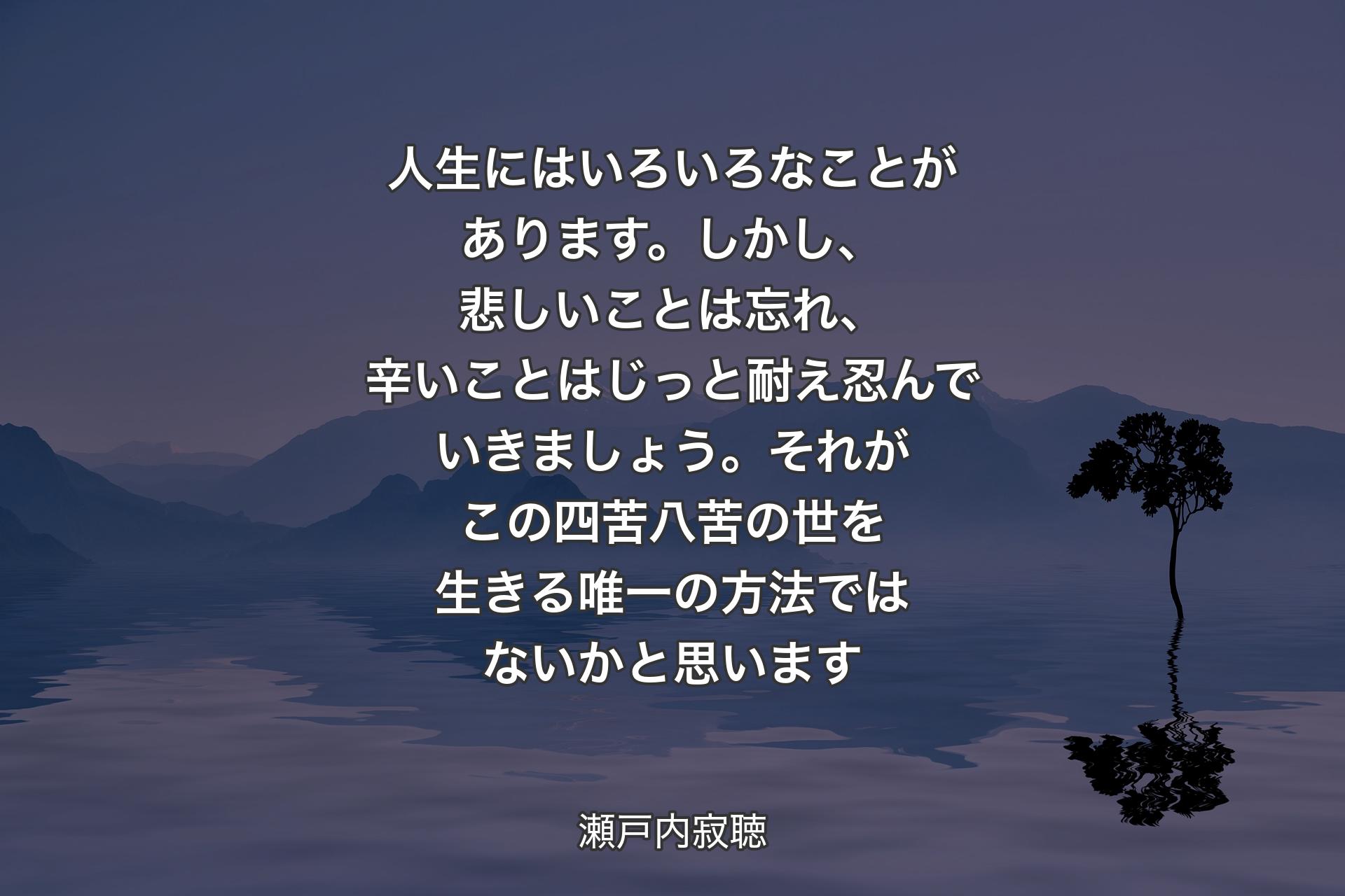 【背景4】人生にはいろいろなことがあります。しかし、悲しいことは忘れ、辛いことはじっと耐え忍んでいきましょう。それがこの四苦八苦の世を生きる唯一の方法ではないかと思います - 瀬戸内寂聴