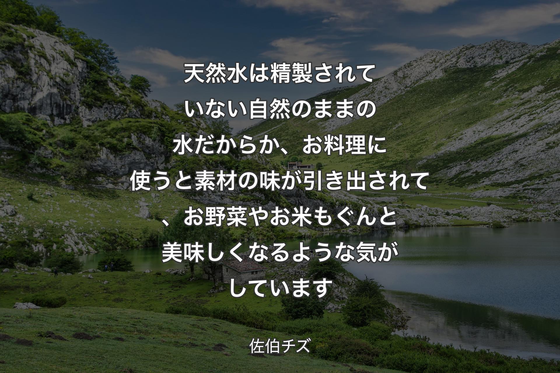 天然水は精製されていない自然のままの水だからか、お料理に使うと素材の味が引き出されて、お野菜やお米もぐんと美味しくなるような気がしています - 佐伯チズ