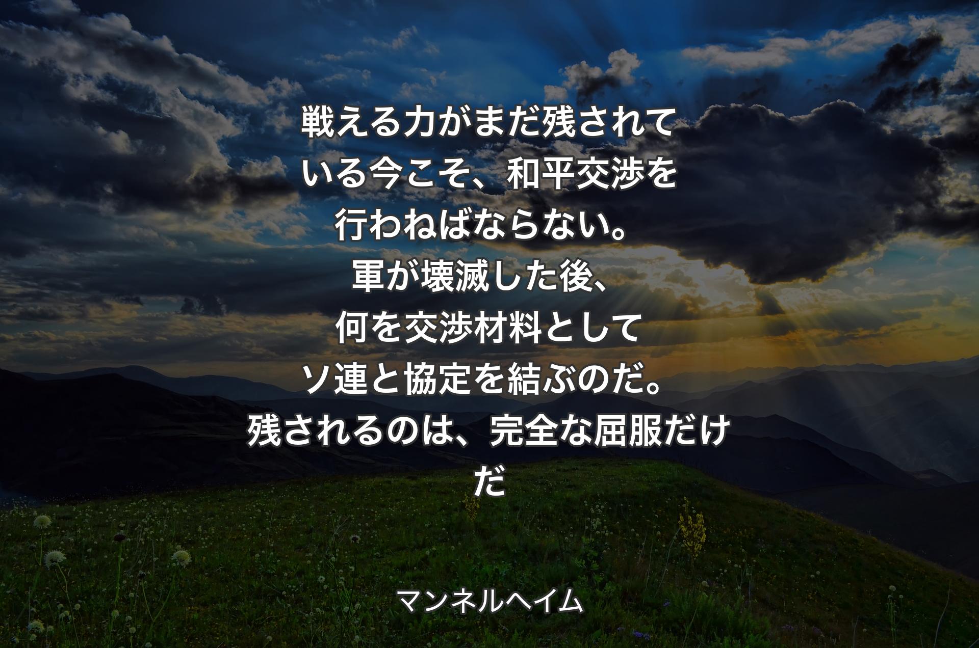 戦える力がまだ残されている今こそ、和平交渉を行わねばならない。軍が壊滅した後、何を交渉材料としてソ連と協定を結ぶのだ。残されるのは、完全な屈服だけだ - マンネルヘイム