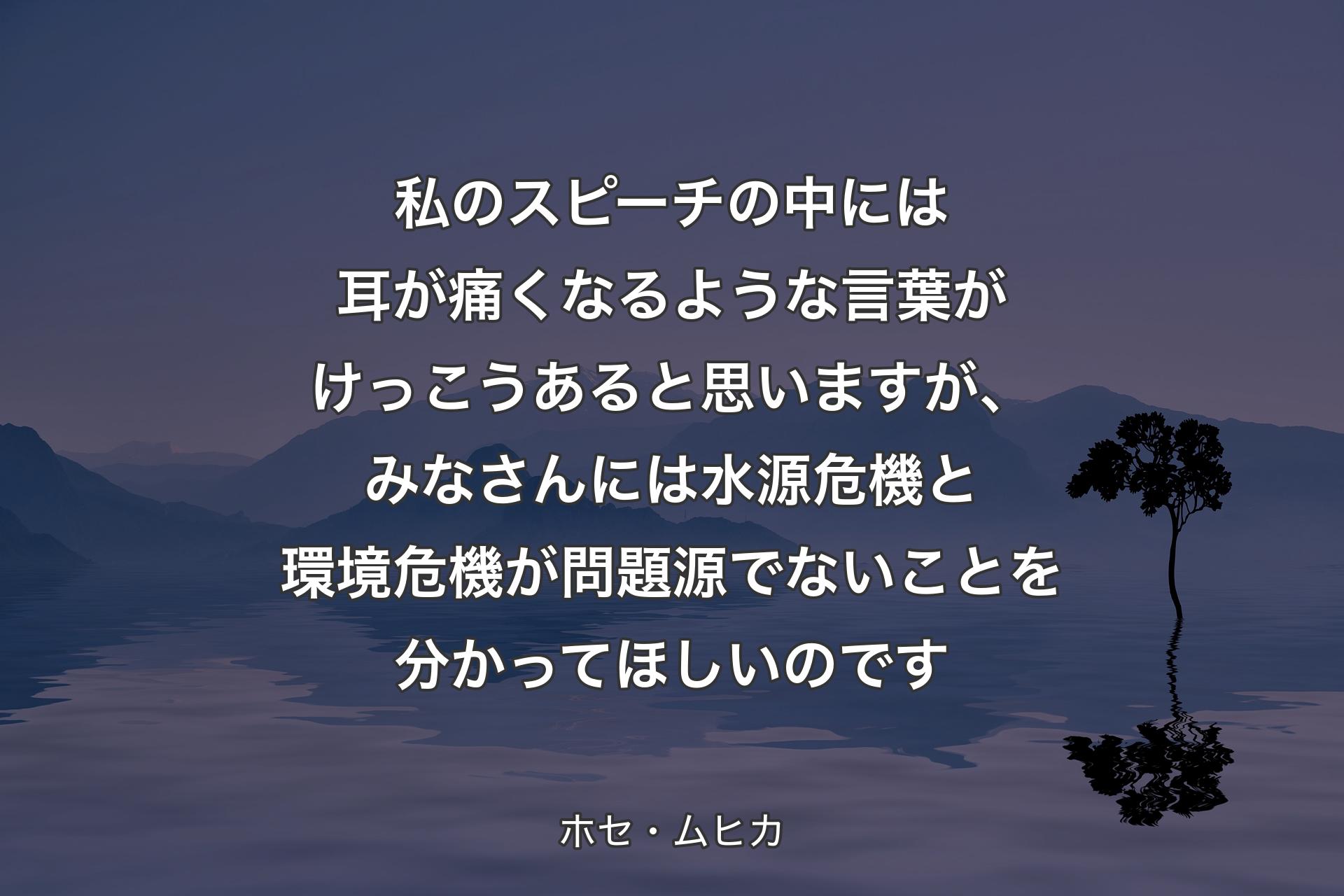 【背景4】私のスピーチの中には耳が痛くなるような言葉がけっこうあると思いますが、みなさんには水源危機と環境危機が問題源でないことを分かってほしいのです - ホセ・ムヒカ