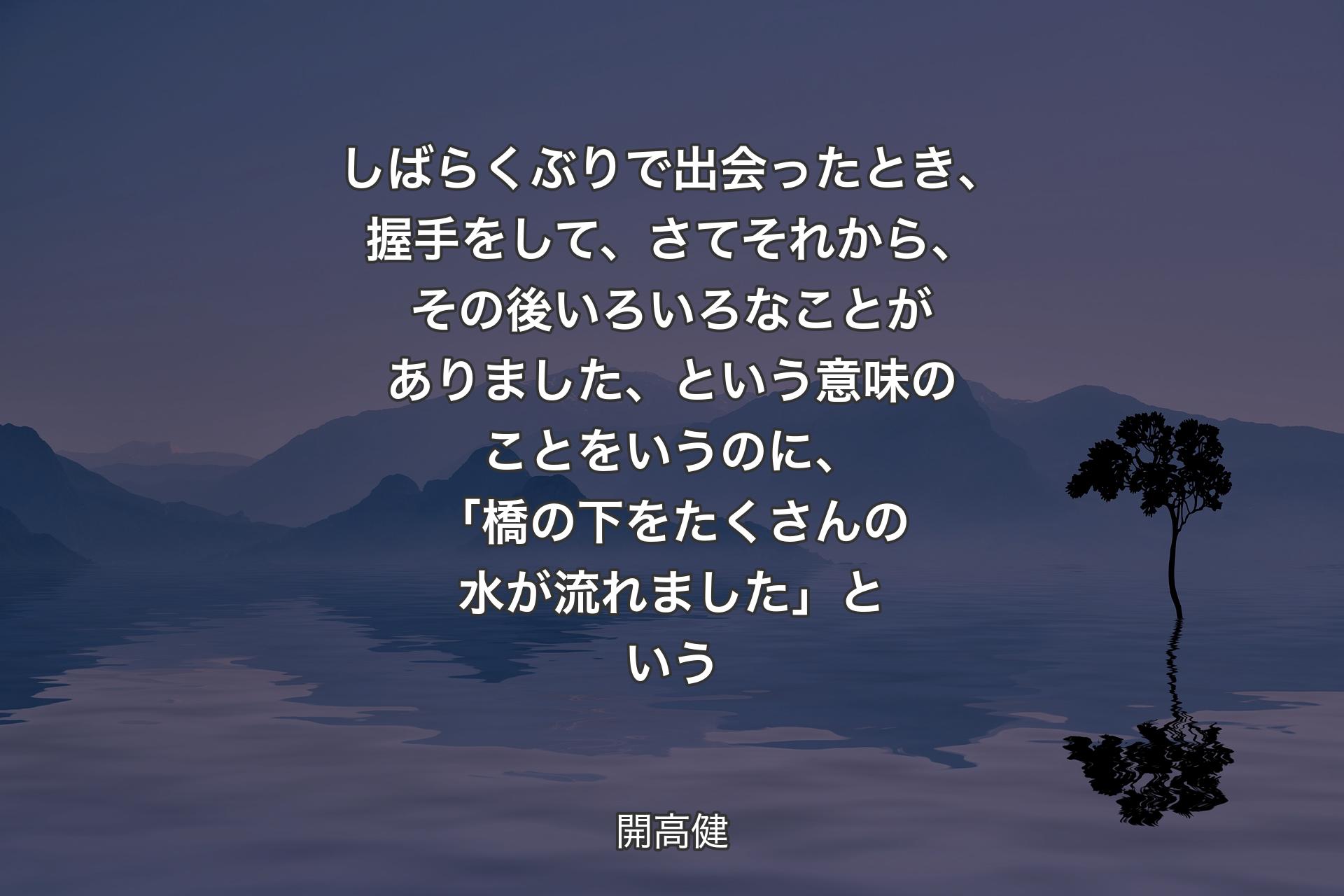 【背景4】しばらくぶりで出会ったとき、握手をして、さてそれから、その後いろいろなことがありました、という意味のことをいうのに、「橋の下をたくさんの水が流れました」という - 開高健