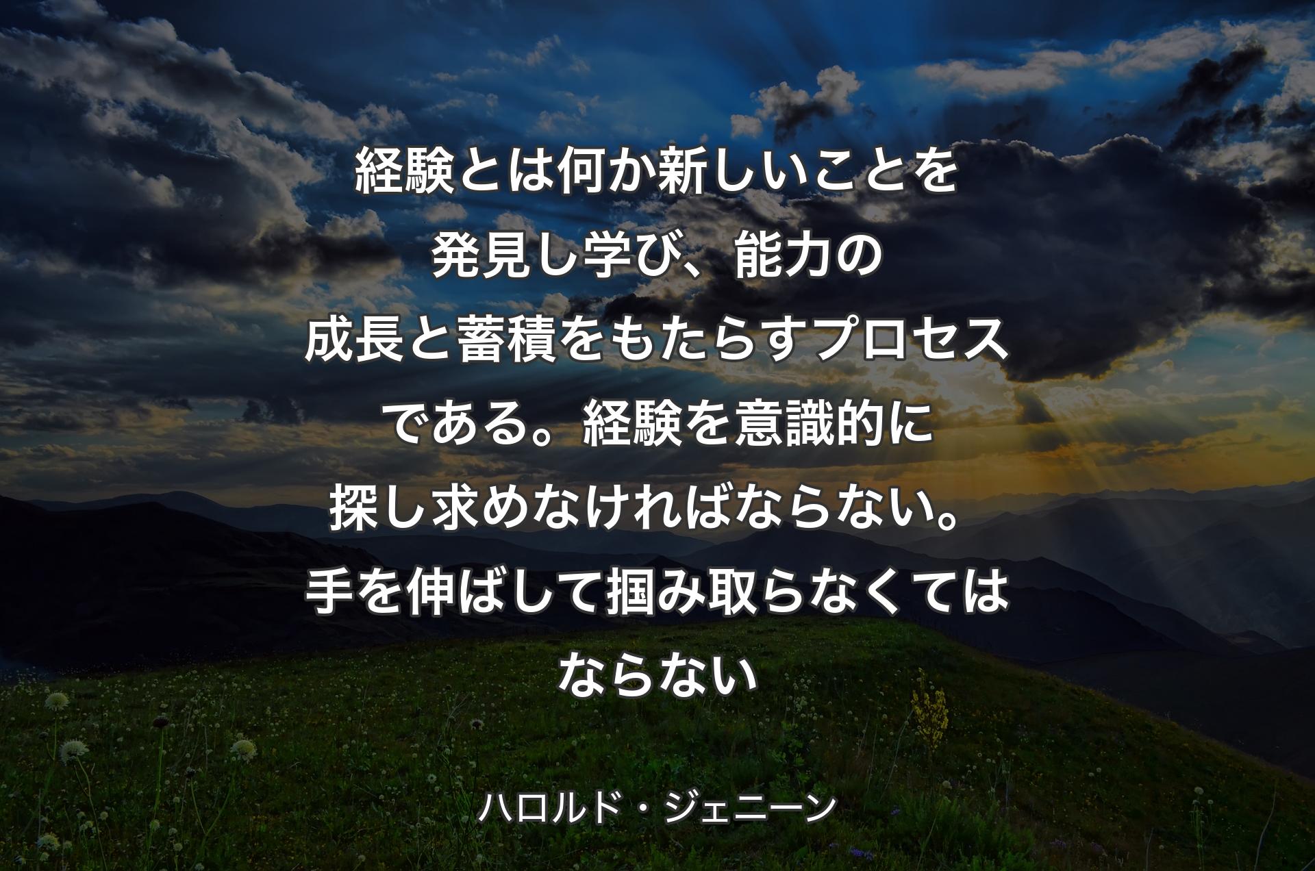 経験とは何か新しいことを発見し学び、能力の成長と蓄積をもたらすプロセスである。経験を意識的に探し求めなければならない。手を伸ばして掴み取らなくてはならない - ハロルド・ジェニーン