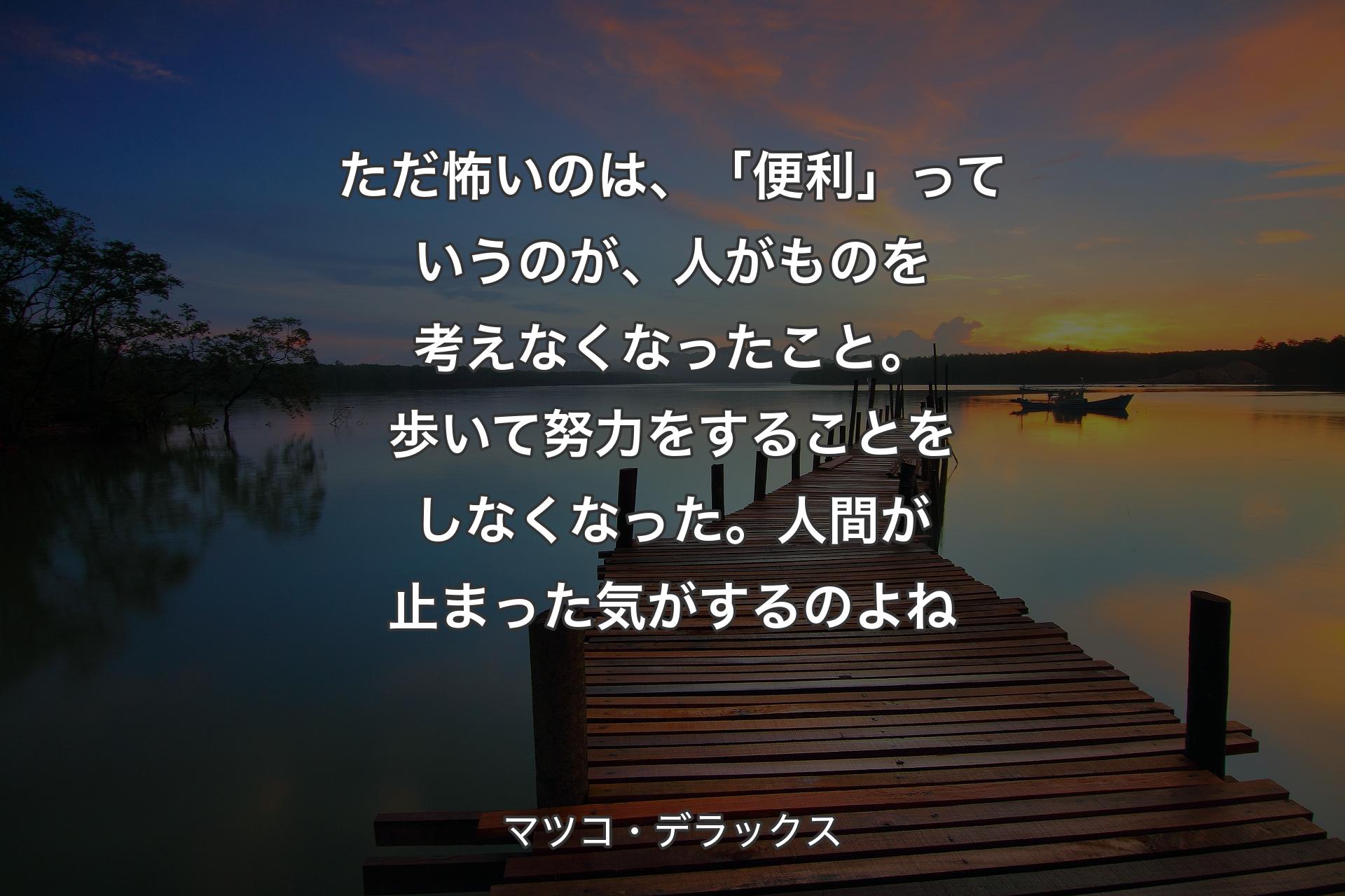 【背景3】ただ怖いのは、「便利」っていうのが、人がものを考えなくなったこと。歩いて努力をすることをしなくなった。人間が止まった気がするのよね - マツコ・デラックス