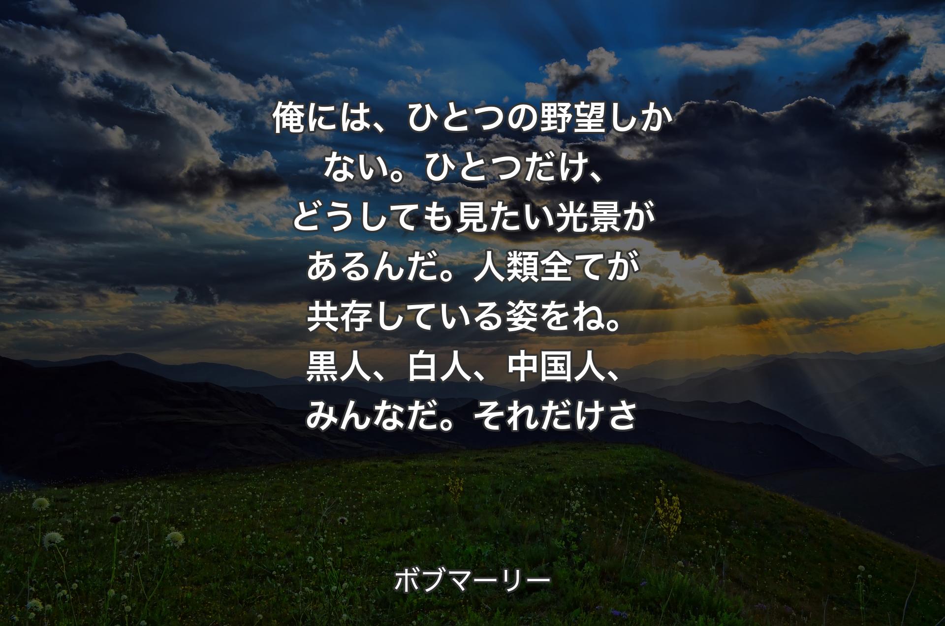 俺には、ひとつの野望しかない。ひとつだけ、どうしても見たい光景があるんだ。人類全てが共存している姿をね。黒人、白人、中国人、みんなだ。それだけさ - ボブマーリー