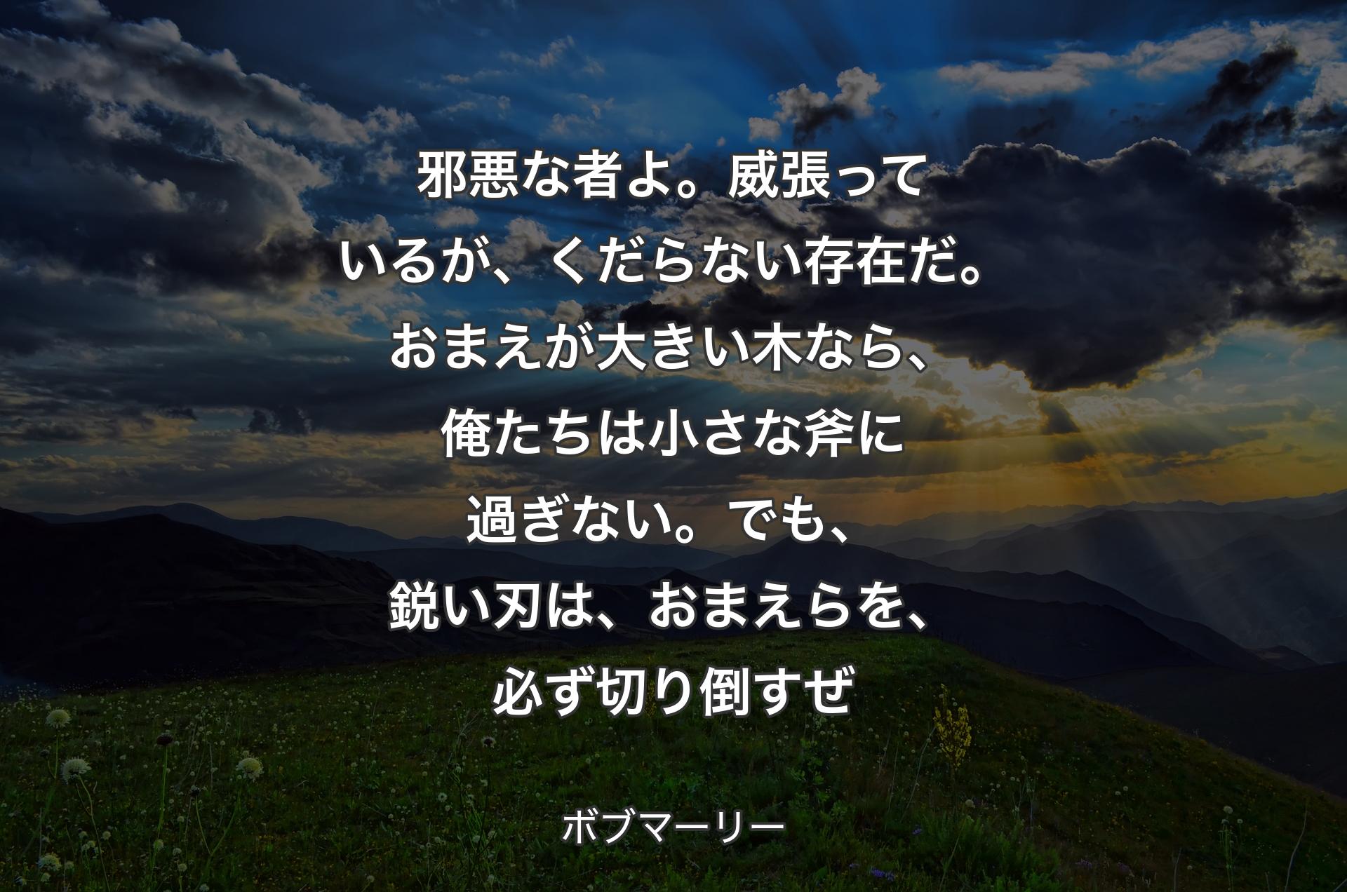 邪悪な者よ。威張っているが、くだらない存在だ。おまえが大きい木なら、俺たちは小さな斧に過ぎない。でも、鋭い刃は、おまえらを、必ず切り倒すぜ - ボブマーリー