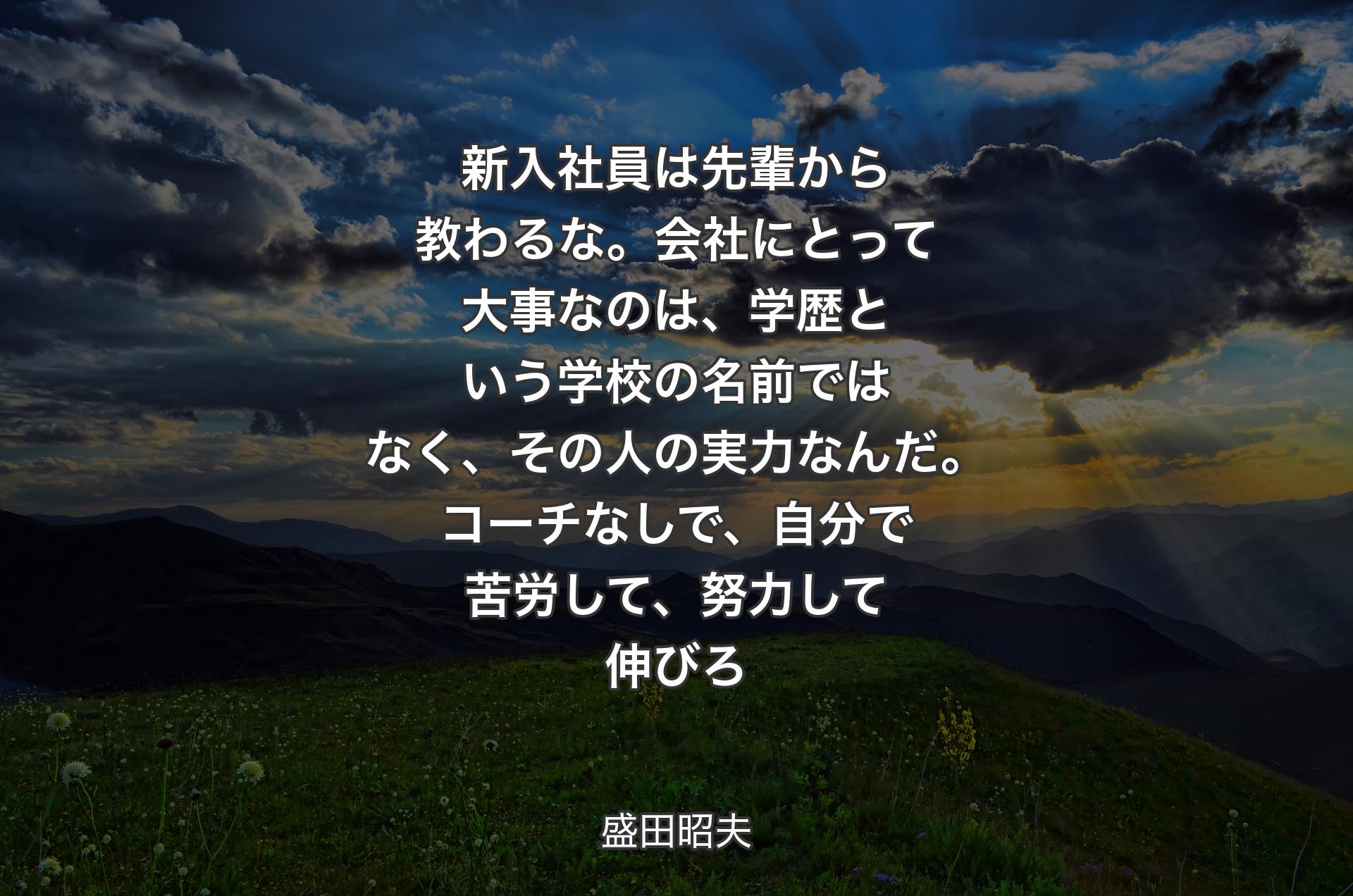 新入社員は先輩から教わるな。会社にとって大事なのは、学歴という学校の名前ではなく、その人の実力なんだ。コーチなしで、自分で苦労して、努力して伸びろ - 盛田昭夫