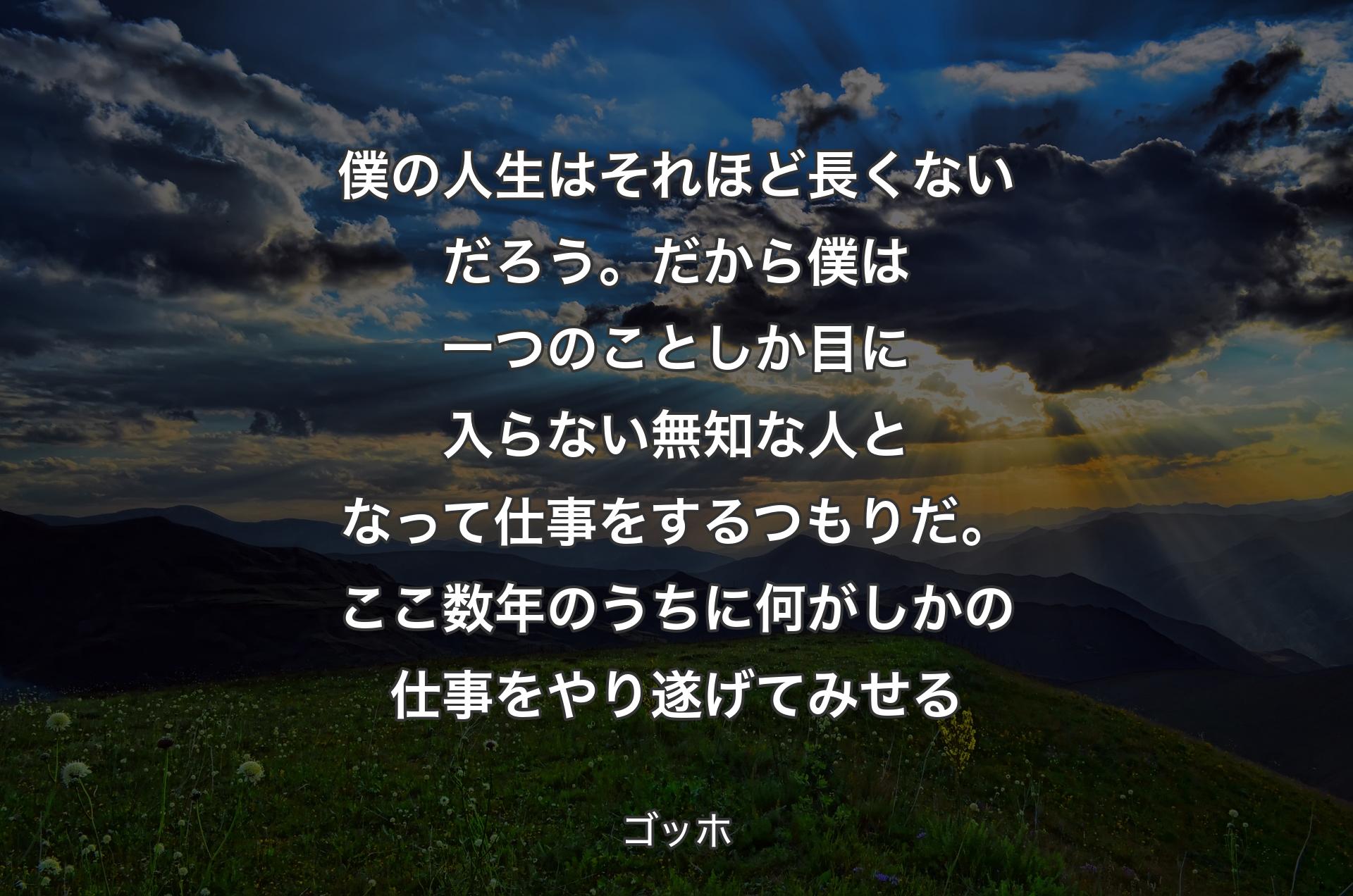 僕の人生はそれほど長くないだろう�。だから僕は一つのことしか目に入らない無知な人となって仕事をするつもりだ。ここ数年のうちに何がしかの仕事をやり遂げてみせる - ゴッホ