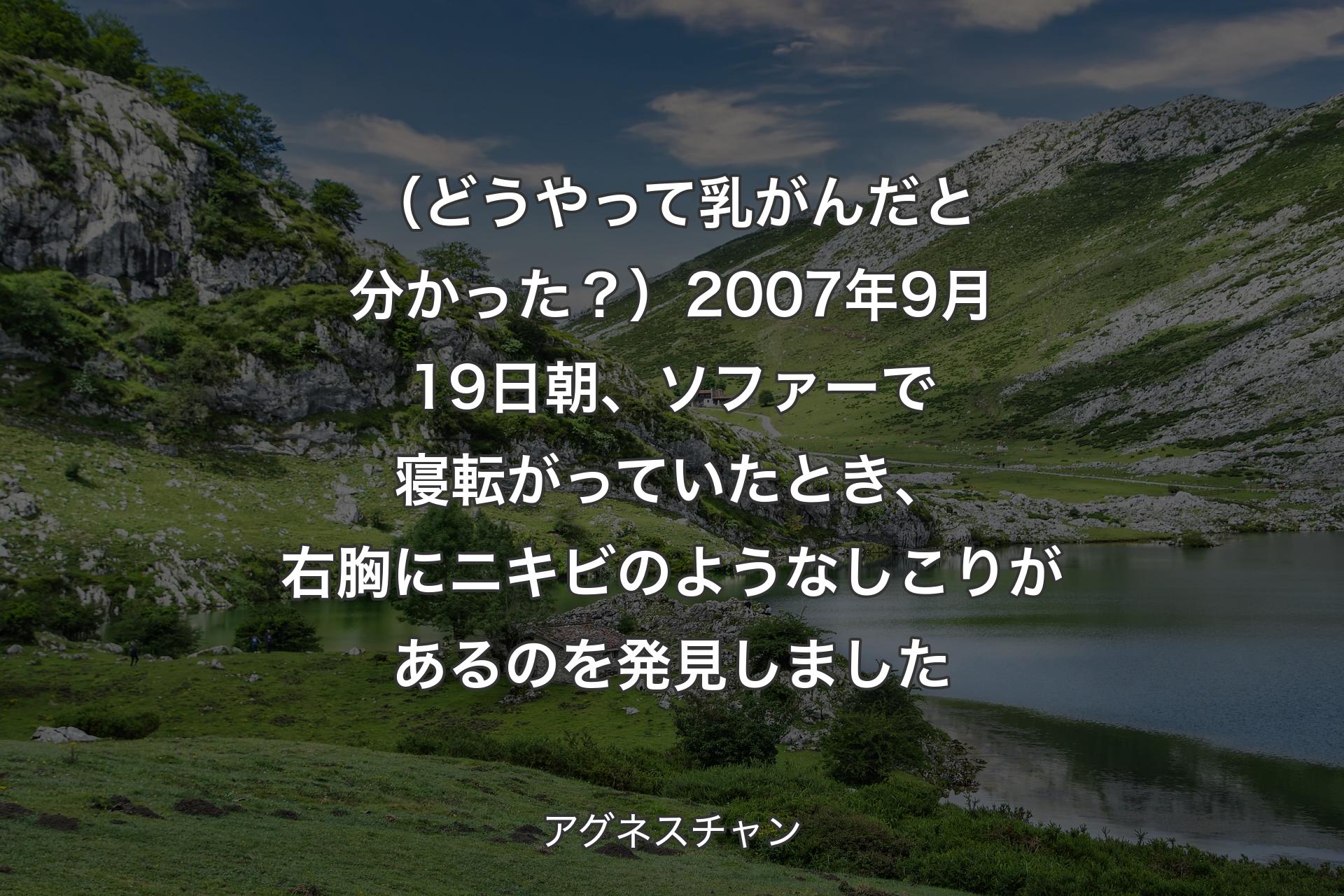 【背景1】（どうやって乳がんだと分かった？）2007年9月19日朝、ソファーで寝転がっていたとき、右胸にニキビのようなしこりがあるのを発見しました - アグネスチャン