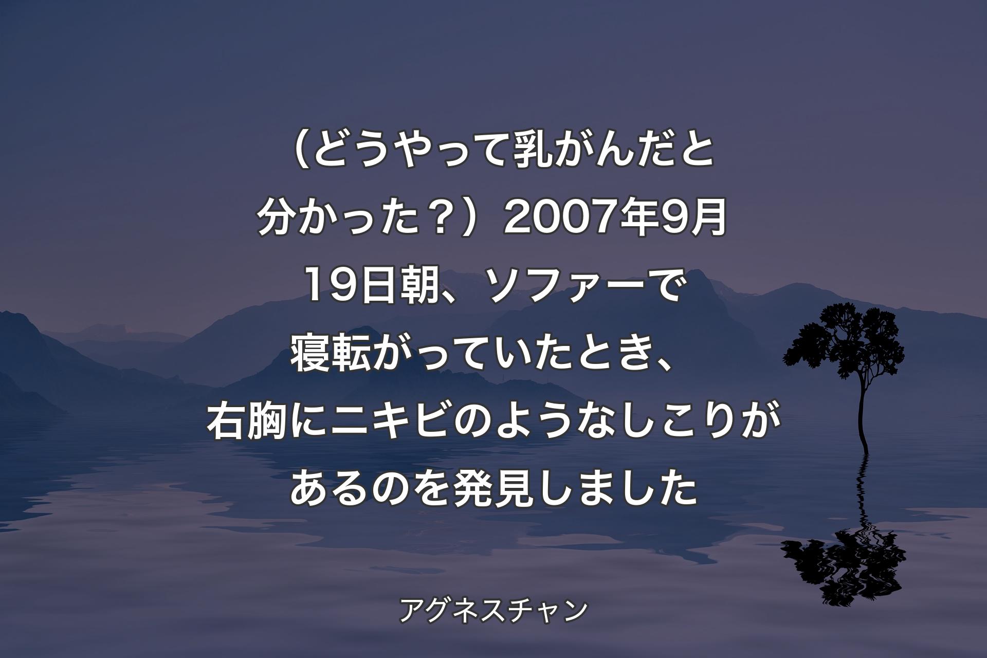 【背景4】（どうやって乳がんだと分かった？）2007年9月19日朝、ソファーで寝転がっていたとき、右胸にニキビのようなしこりがあるのを発見しました - アグネスチャン