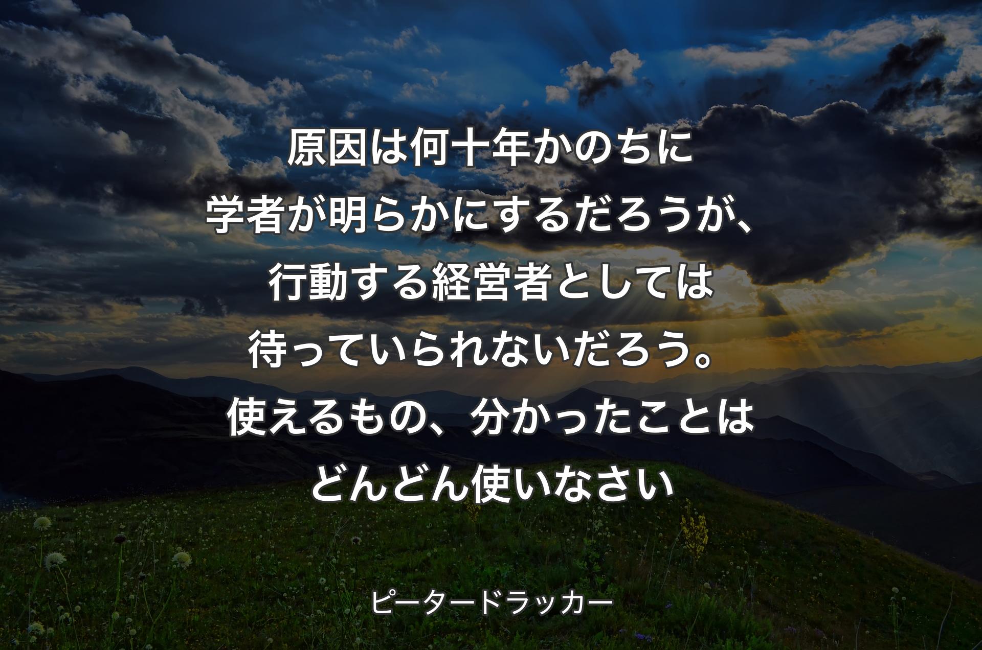 原因は何十年かのちに学者が明らかにするだろうが、行動する経営者としては待っていられないだろう。使えるもの、分かったことはどんどん使いなさい - ピータードラッカー