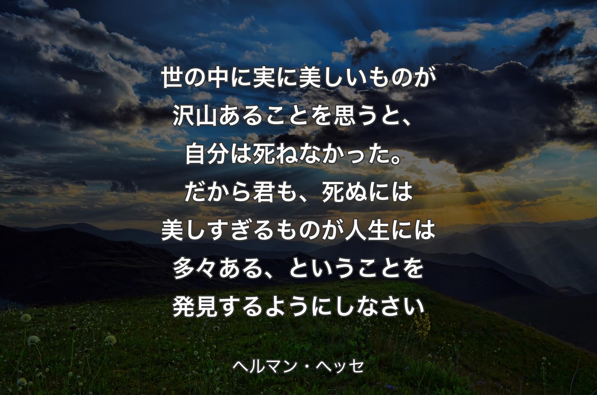 世の中に実に美しいものが沢山あることを思うと、自分は死ねなかった。だから君も、死ぬには美しすぎるものが人生には多々ある、ということを発見するようにしなさい - ヘルマン・ヘッセ