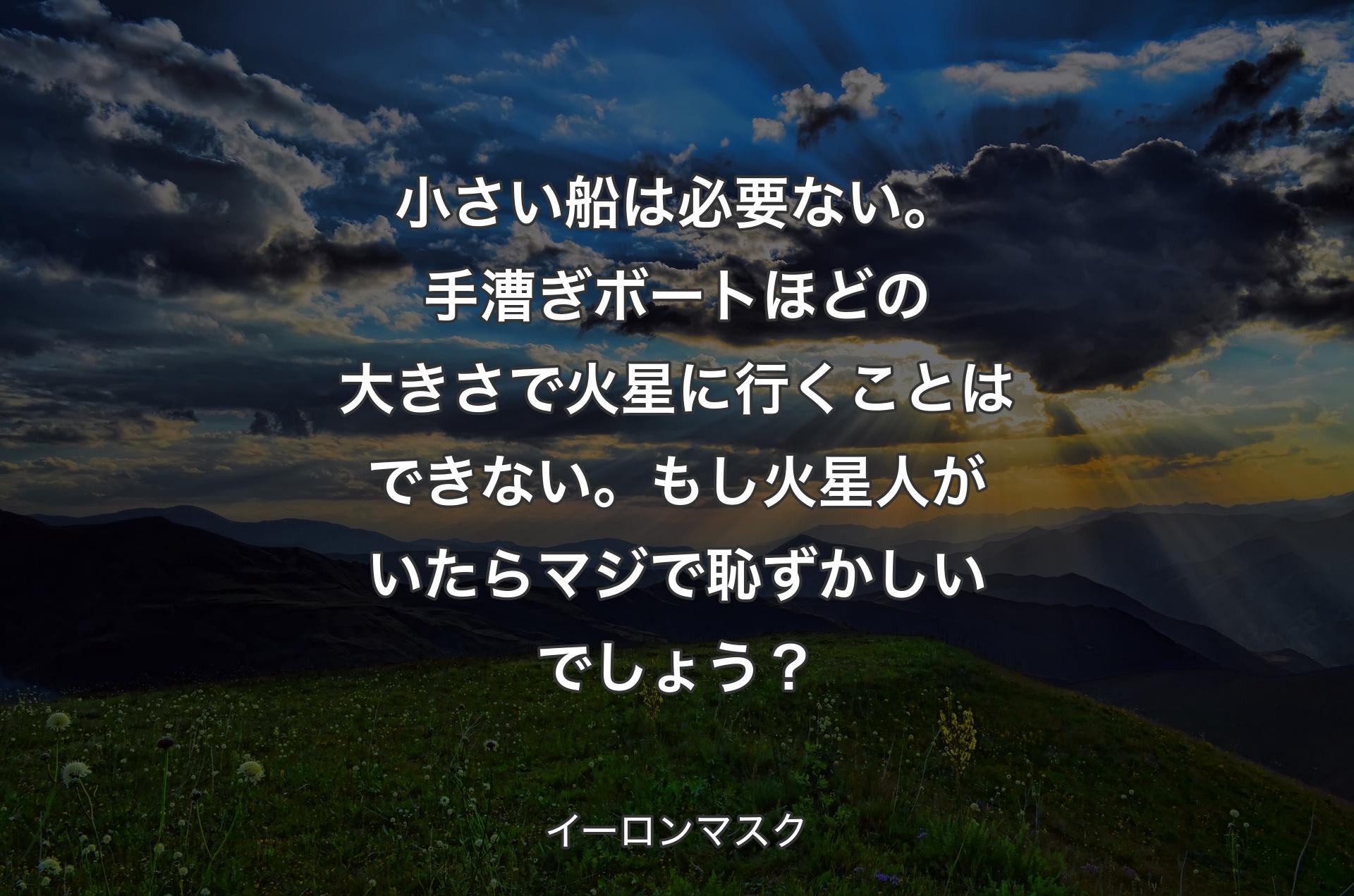 小さい船は必要ない。手漕ぎボートほどの大きさで火星に行くことはできない。もし火星人がいたらマジで恥ずかしいでしょう？ - イーロンマスク