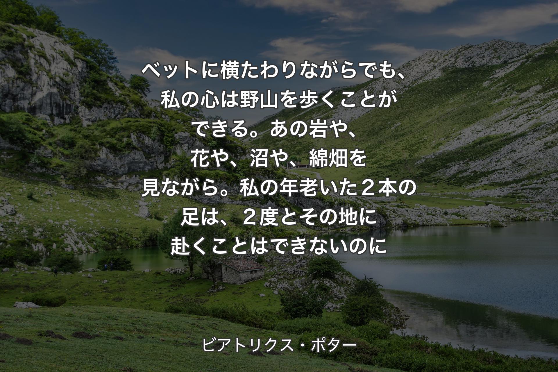 【背景1】ベットに横たわりながらでも、私の心は野山を歩くことができる。あの岩や、花や、沼や、綿畑を見ながら。私の年老いた２本の足は、２度とその地に赴くことはできな��いのに - ビアトリクス・ポター