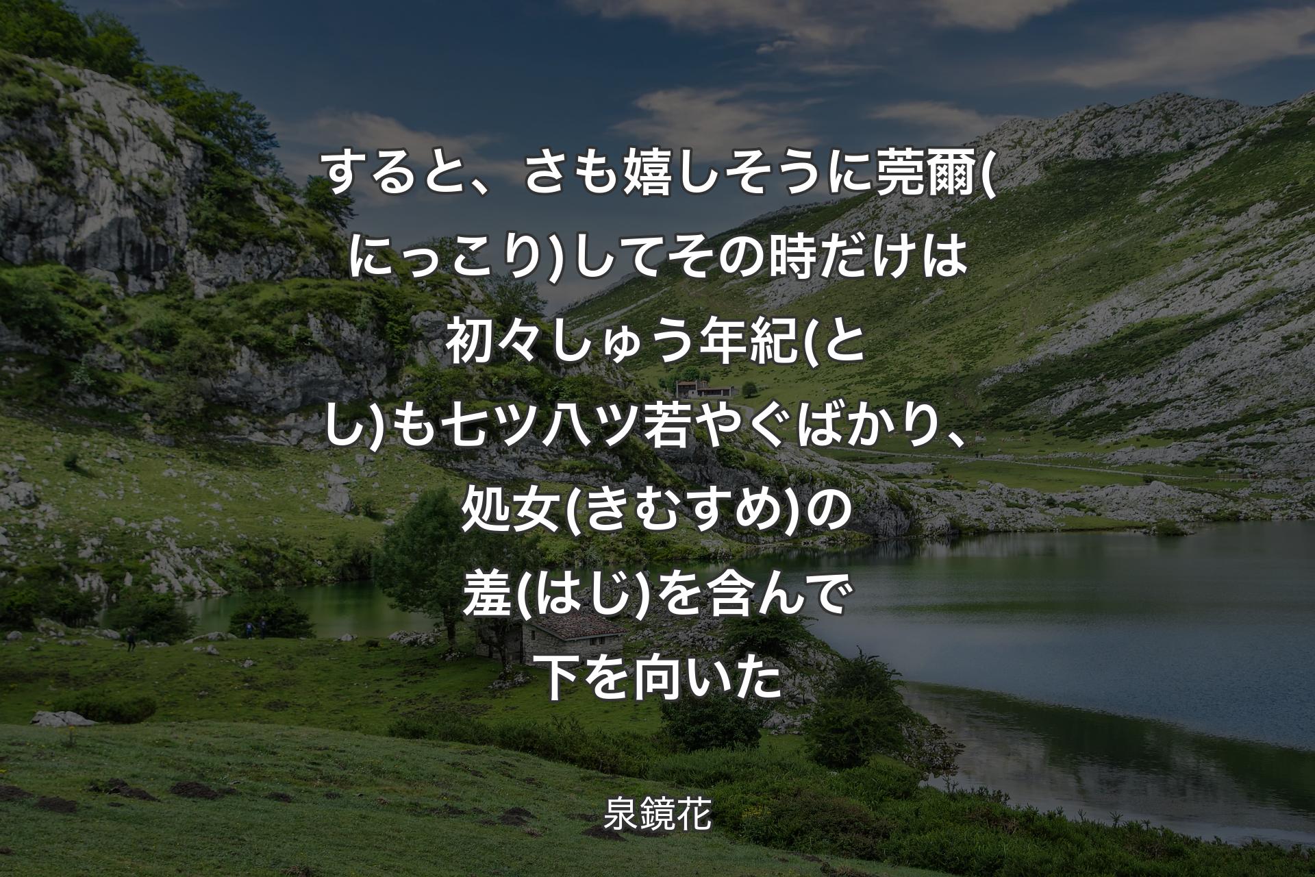 【背景1】すると、さも嬉しそうに莞爾(にっこり)してその時だけは初々しゅう年紀(とし)も七ツ八ツ若やぐばかり、処女(きむすめ)の羞(はじ)を含んで下を向いた - 泉鏡花