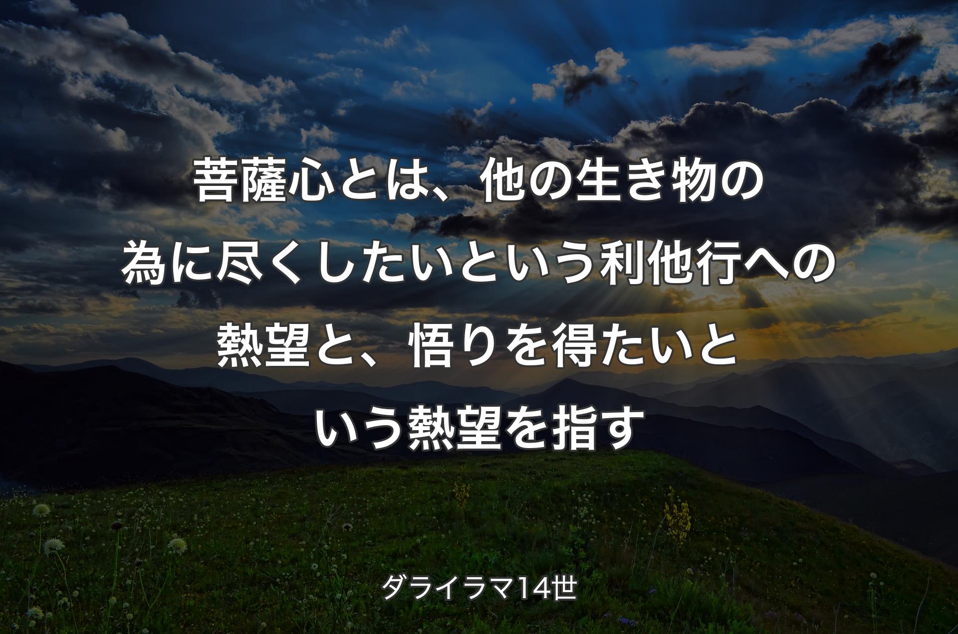 菩薩心とは、他の生き物の為に尽くしたいという利他行への熱望と、悟りを得たいという熱望を指す - ダライラマ14世