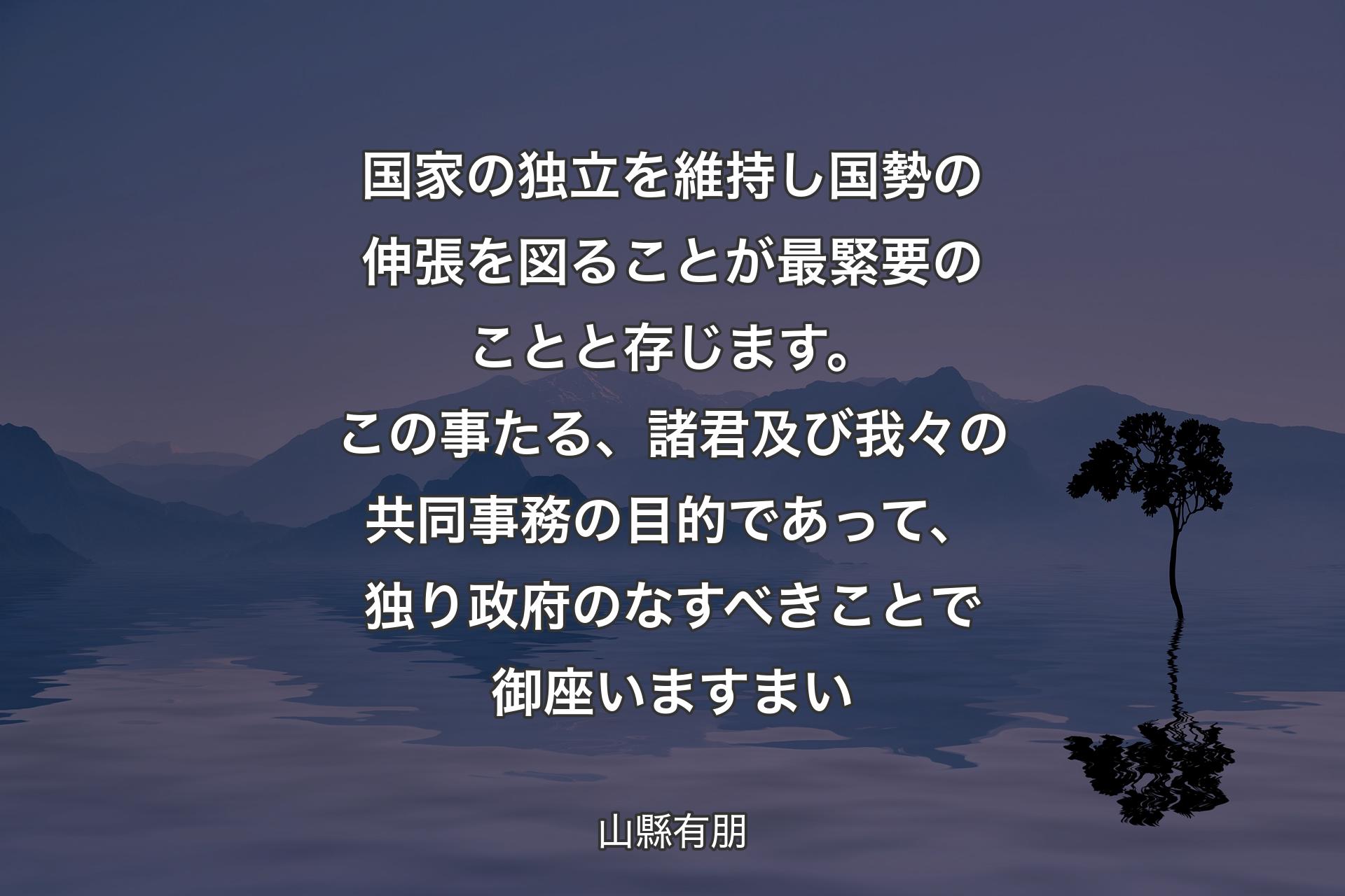 【背景4】国家の独立を維持し国勢の伸張を図ることが最緊要のことと存じます。この事たる、諸君及び我々の共同事務の目的であって、独り政府のなすべきことで御座いますまい - 山縣有朋