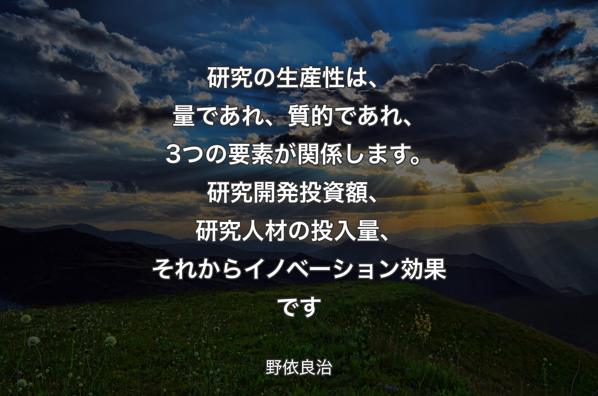 研究の生産性は、量であれ、質的であれ、3つの要素が関係します。研究開発投資額、研究人材の投入量、それからイノベーショ��ン効果です - 野依良治