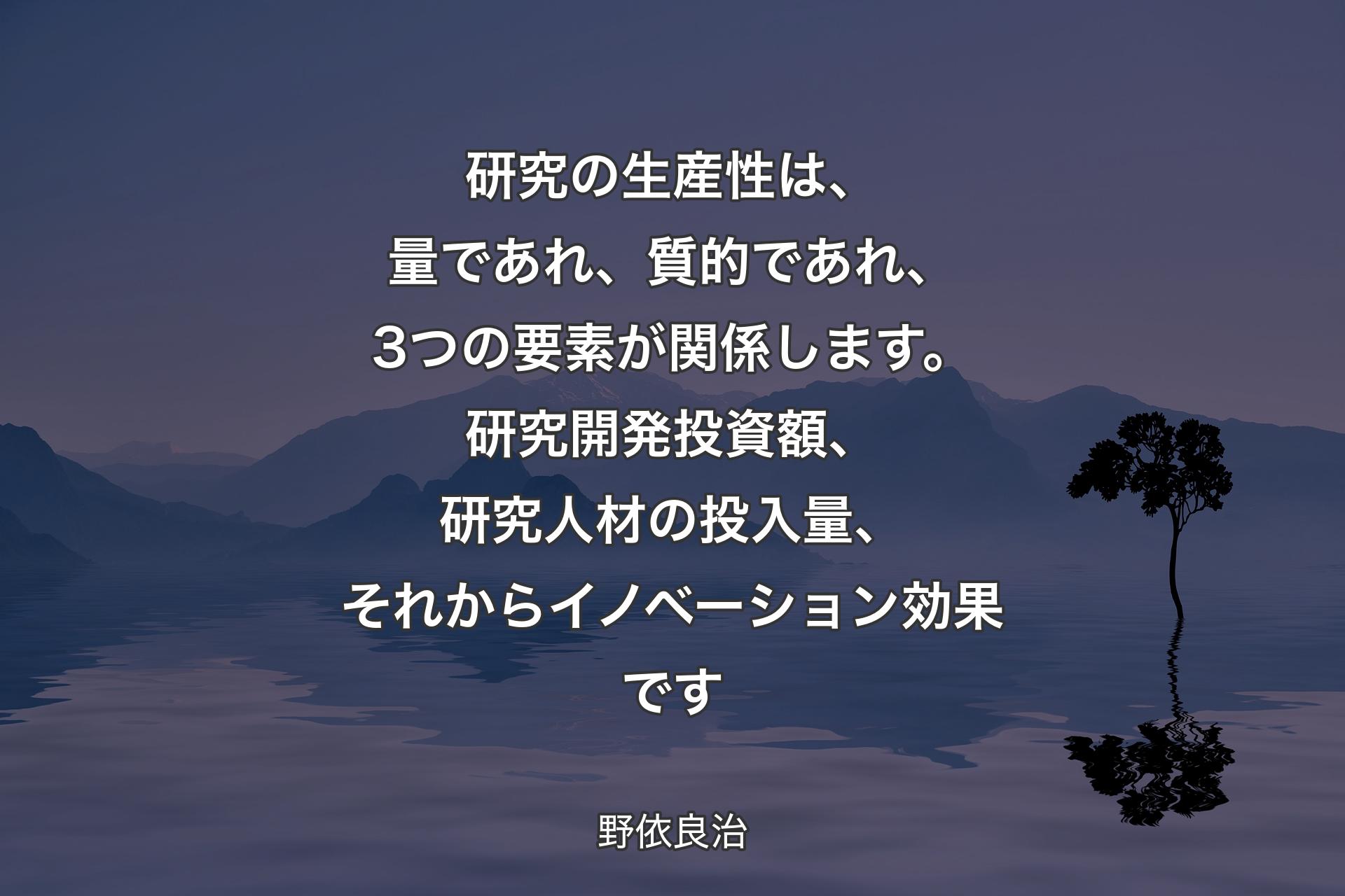 【背景4】研究の生産性は、量であれ、質的であれ、3つの要素が関係します。研究開発投資額、研究人材の投入量、それからイノベーション効果です - 野依良治