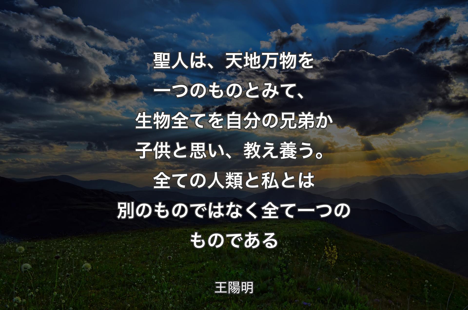 聖人は、天地万物を一つのものとみて、生物全てを自分の兄弟か子供と思い、教え養う。全ての人類と私とは別のものではなく全て一つのものである - 王陽明