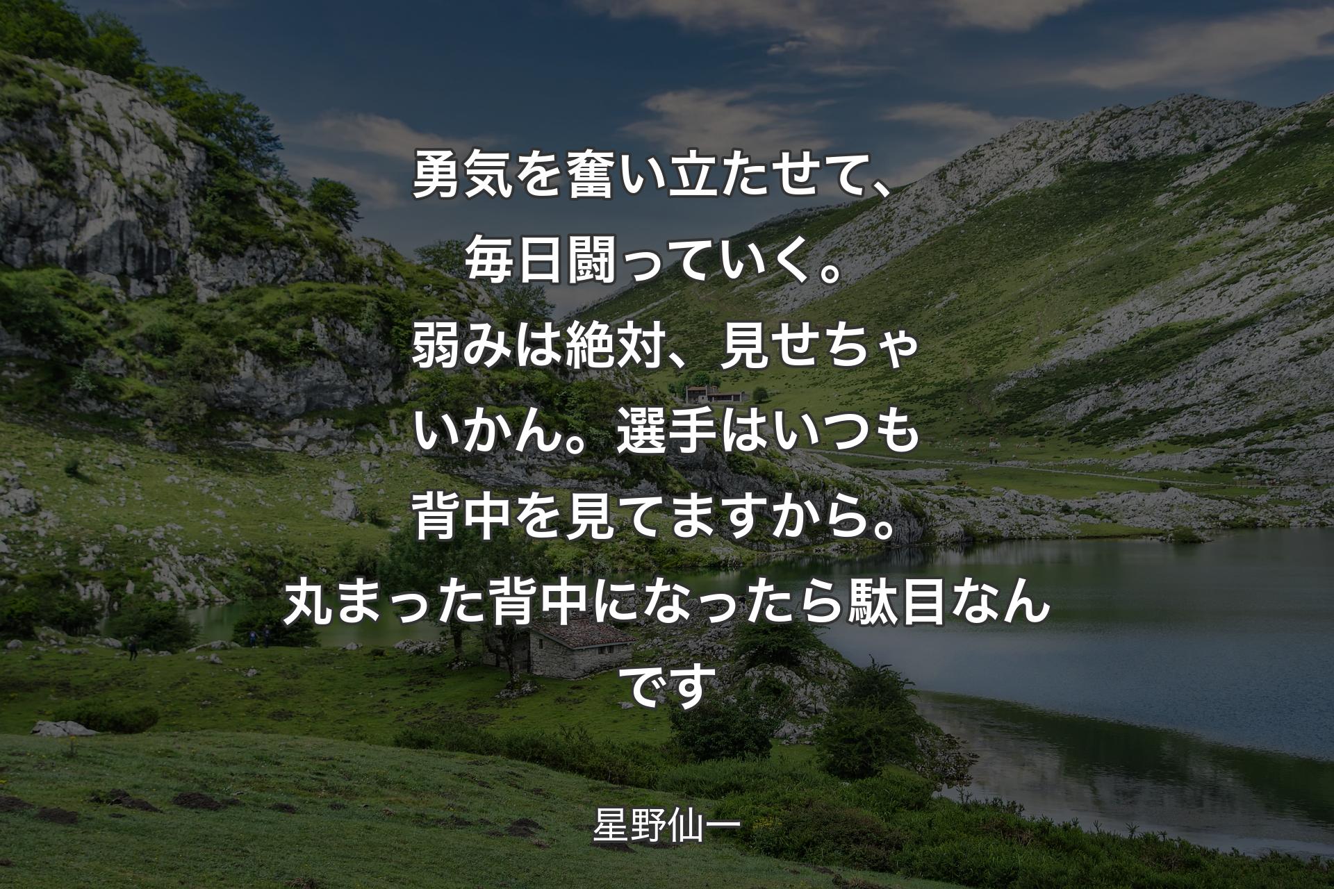 【背景1】勇気を奮い立たせて、毎日闘っていく。弱みは絶対、見せちゃいかん。選手はいつも背中を見てますから。丸まった背中になったら駄目なんです - 星野仙一