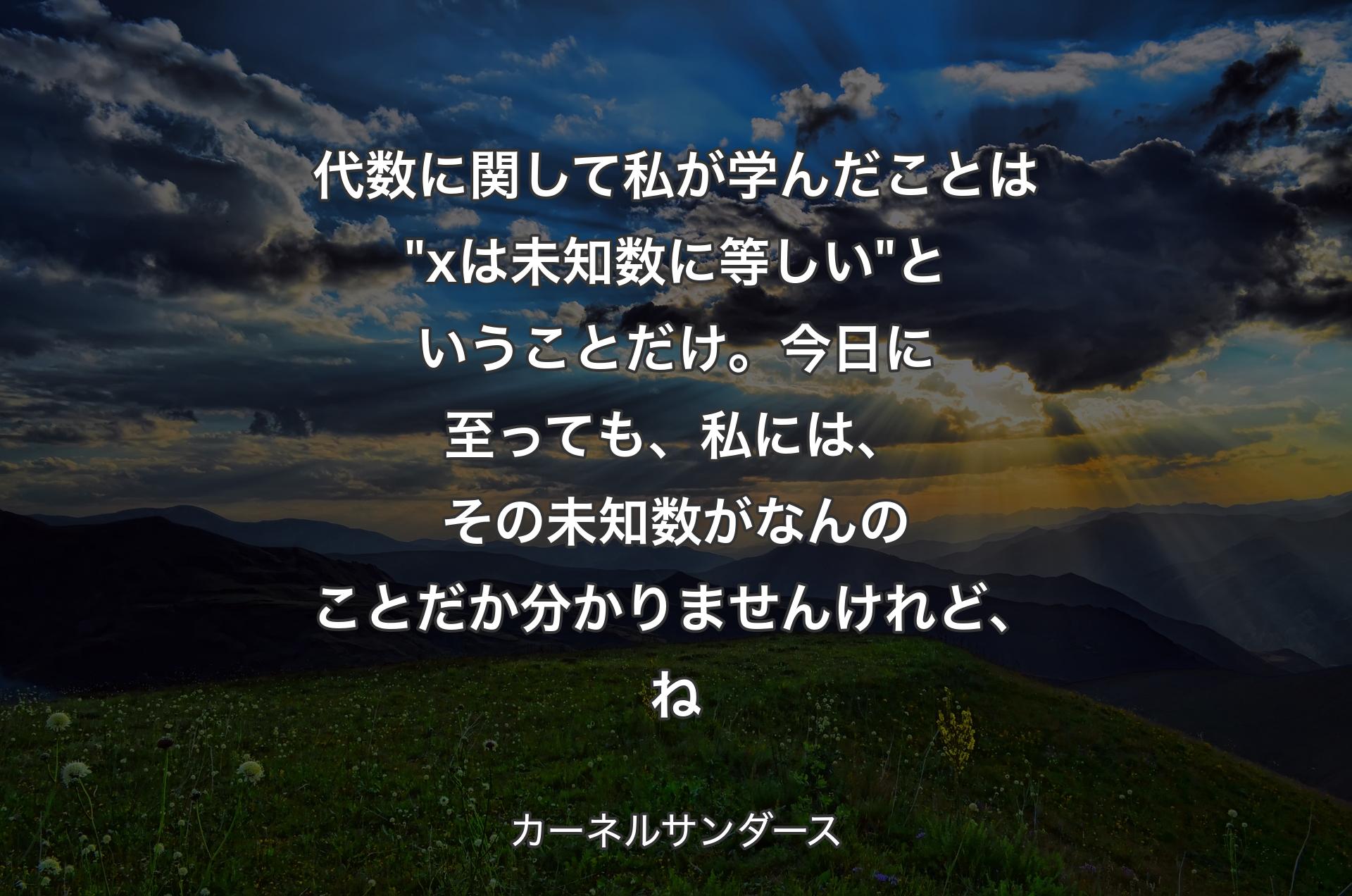 代数に関して私が学んだことは "xは未知数に等しい" ということだけ。今日に至っても、私には、その未知数がなんのことだか分かりませんけれど、ね - カーネルサンダース